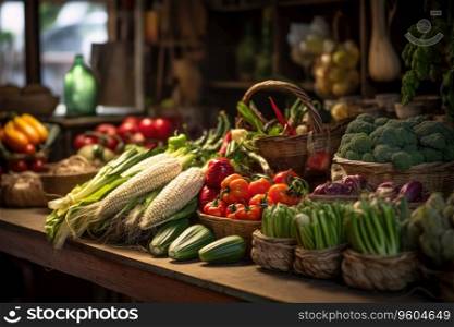 Counters with vegetables and fruits on market.