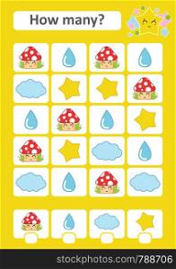 Counting game for preschool children. The study of mathematics. How many items in the picture. Mushroom, drop, cloud, star. With a place for answers. Simple flat isolated vector illustration. Counting game for preschool children. The study of mathematics. How many items in the picture. Mushroom, drop, cloud, star. With a place for answers. Simple flat isolated vector illustration.