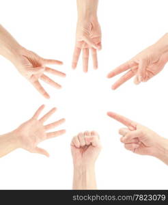 Counting man hands (0 to 5) isolated on white background