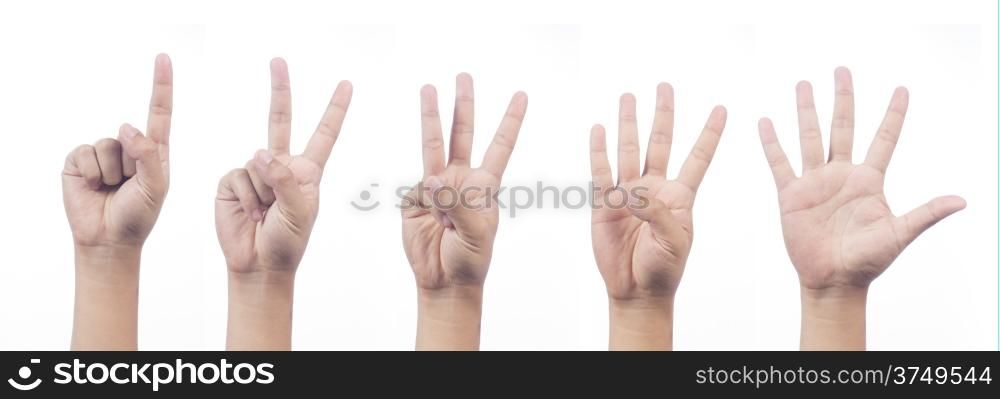 Counting man hands (1 to 5) isolated on white background