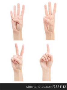 Counting woman hands (1 to 4) isolated on white background