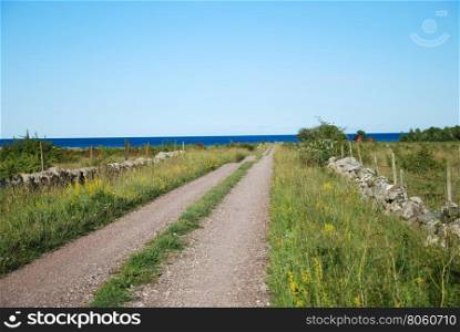 Country gravel road to the coast at the swedish island Oland in the Baltic Sea