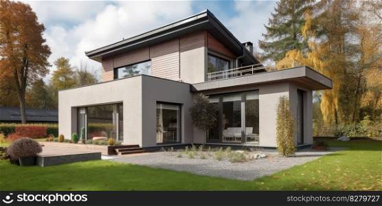 Country home with garden and grass lawn, luxury scandinavian exterior. distinct generative AI image.. Country home with garden and grass lawn, luxury scandinavian exterior