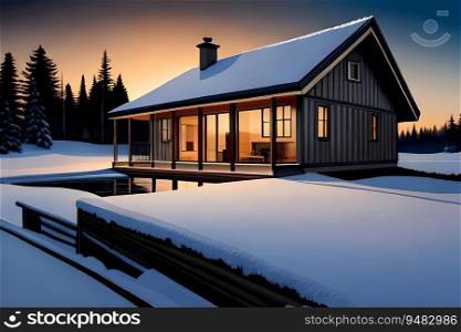 Country house at dusk in the winter.  Generative AI illustration 