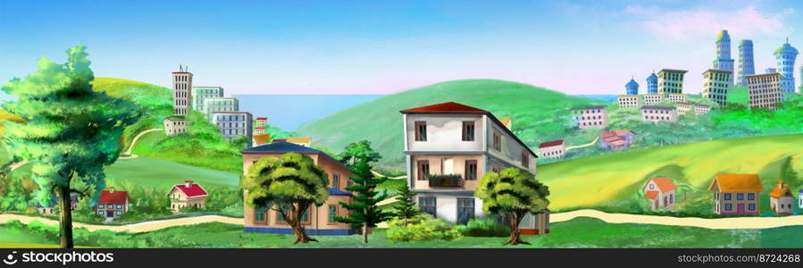 Country houses in nature on a sunny summer day. Digital Painting Background, Illustration.. Country houses in nature illustration