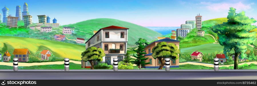 Country houses in nature on a sunny summer day. Digital Painting Background, Illustration.. Country houses in nature illustration