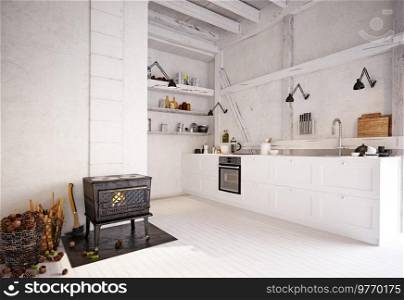 country kitchen interior. 3d design concept rendering