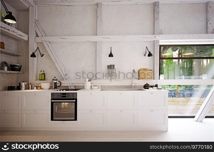 country kitchen interior. 3d design concept rendering