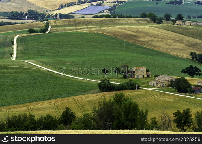 Country landscape along the road from Cingoli to Appignano, Ancona province, Marche, Italy, at springtime