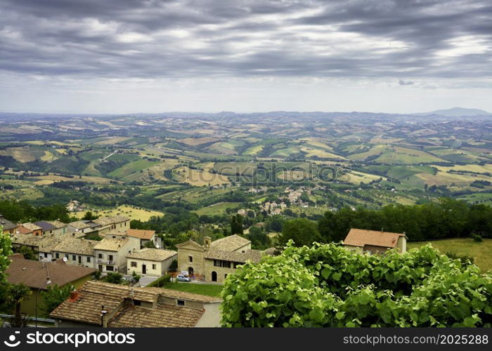 Country landscape along the road from Cingoli to Appignano, Ancona province, Marche, Italy, at springtime