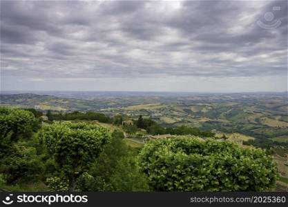 Country landscape along the road from Cingoli to Appignano, Ancona province, Marche, Italy, at springtime