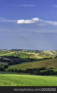 Country landscape along the road from Ostra Vetere to Cingoli, Ancona province, Marche, Italy, at springtime