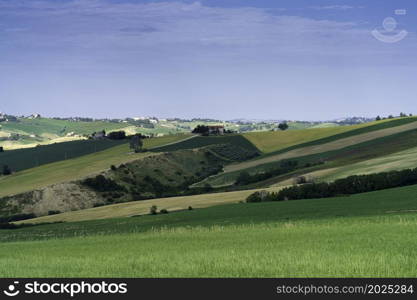 Country landscape along the road from Ostra Vetere to Cingoli, Ancona province, Marche, Italy, at springtime