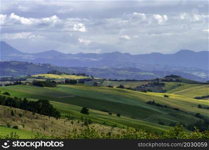 Country landscape along the road from Ostra Vetere to Cingoli, Ancona province, Marche, Italy, at springtime