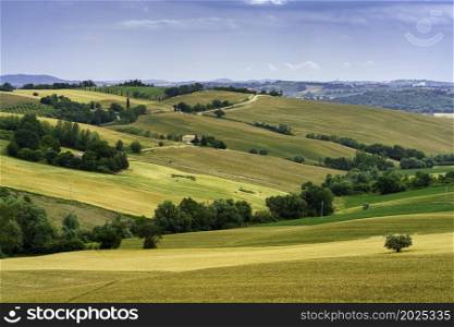 Country landscape along the road from Santa Maria Nuova to Osimo, Ancona province, Marche, Italy, at springtime.