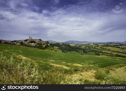 Country landscape at springtime along the road from Fano to Mondavio, Pesaro e Urbino province, Marche, Italy