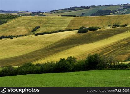 Country landscape at springtime along the road from Fano to Mondavio, Pesaro e Urbino province, Marche, Italy