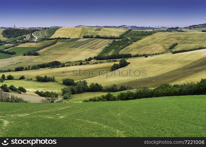 Country landscape at springtime along the road from Fano to Mondavio, Pesaro e Urbino province, Marche, Italy