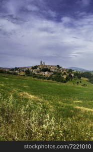 Country landscape at springtime along the road from Fano to Mondavio, Pesaro e Urbino province, Marche, Italy