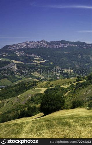 Country landscape at springtime near Verucchio and San Marino, Emilia-Romagna, Italy