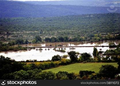 Country landscape flooded after heavy rains in Saint-Hippolyte-du-Fort, a small French town in the foothills of the Cevennes Gard.