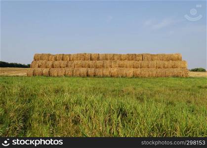 Country landscape, large hayrick on the meadow, sunny summer day