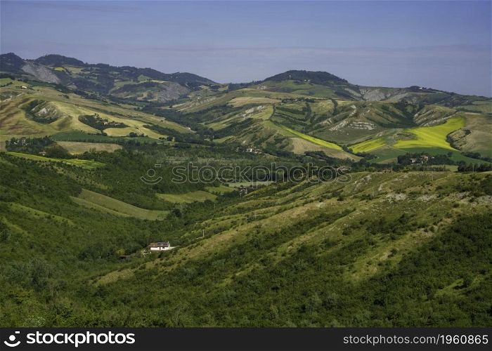 Country landscape on the hills in the Bologna province, Emilia-Romagna, Italy, near Imola and Riolo Terme, at springtime