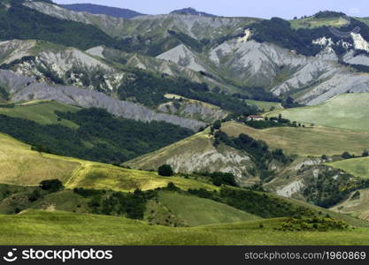 Country landscape on the hills in the Bologna province, Emilia-Romagna, Italy, near Imola and Riolo Terme, at springtime