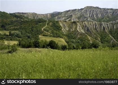 Country landscape on the hills in the Bologna province, Emilia-Romagna, Italy, near Imola and Riolo Terme, at springtime. Calanques
