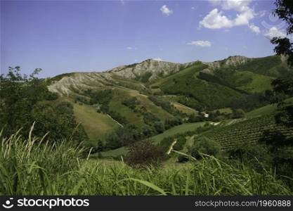 Country landscape on the hills in the Ravenna province, Emilia-Romagna, Italy, near Riolo Terme and Brisighella, at springtime