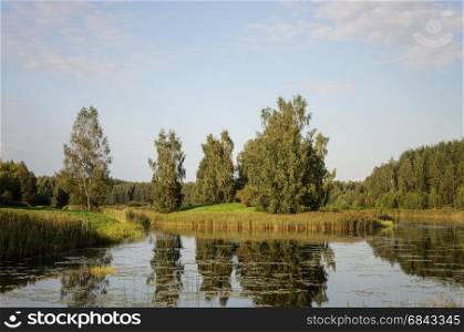 Country landscape with pond in Petrovskoe village, Museum-reserve of A.S. Pushkin, Pskov region, Russia