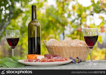 Country life setting with wine, fruits, cheese and meat
