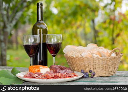 Country life setting with wine, fruits, cheese and meat. Outdoor