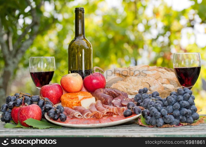 Country life setting with wine, fruits, cheese and meat. Outdoor