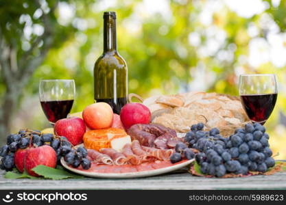 Country life setting with wine, fruits, cheese and meat. Outdoor