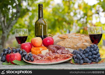 Country life setting with wine, fruits, cheese and meat. Outdoor