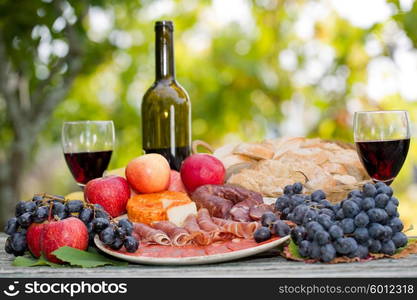 Country life setting with wine, fruits, cheese and meat. Outdoor