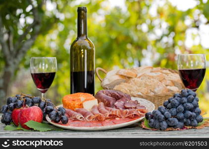 Country life setting with wine, fruits, cheese and meat. Outdoor