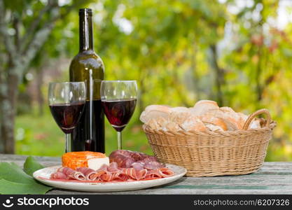 Country life setting with wine, fruits, cheese and meat. Outdoor