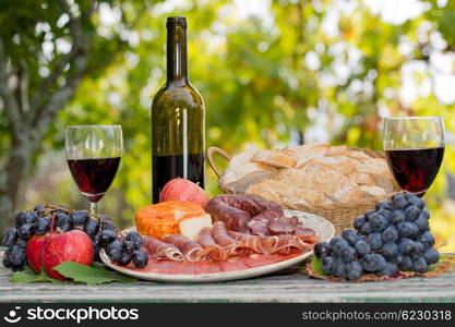 Country life setting with wine, fruits, cheese and meat. Outdoor