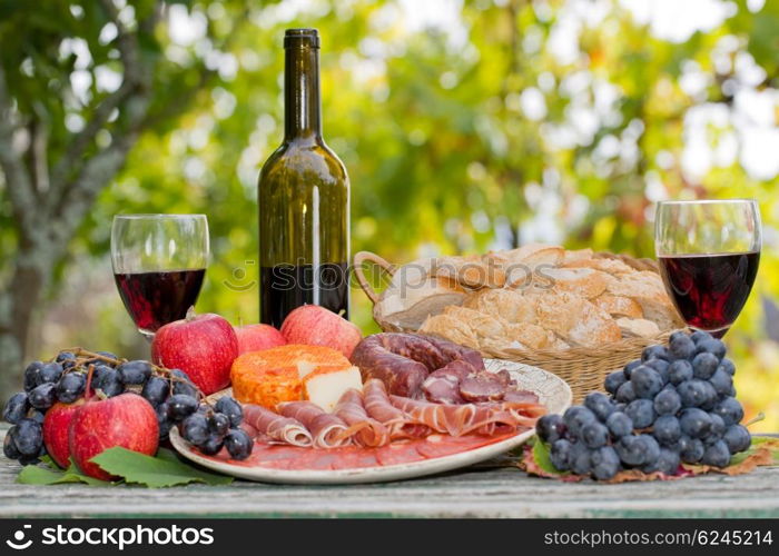 Country life setting with wine, fruits, cheese and meat. Outdoor