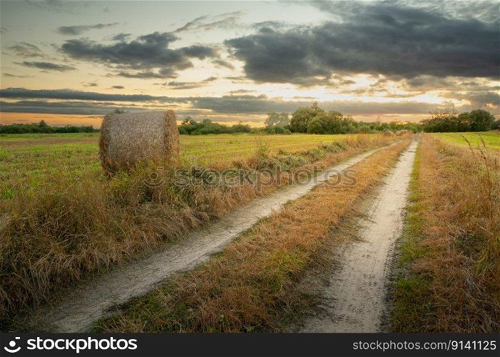 Country road and hay bale in the field, evening view with clouds, Nowiny, Poland