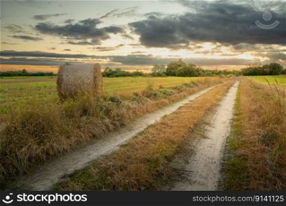 Country road and hay bale in the field, evening view with clouds, Nowiny, Poland