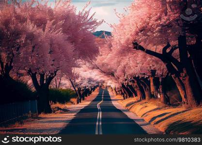 country road under pink blossom. Illustration AI Generative 