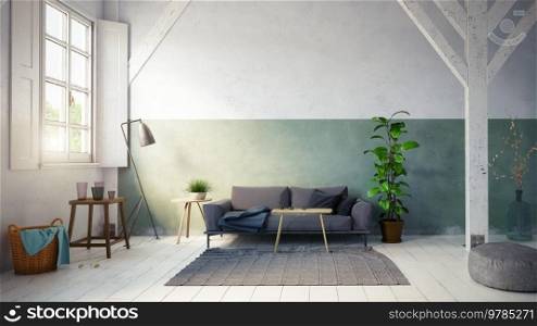 country style living room interior. 3d rendering design concept