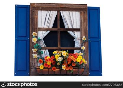 Country style window with flowers,planter, shutters and curtains, isolated