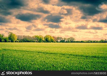Countryside landscape with dark clouds over a field