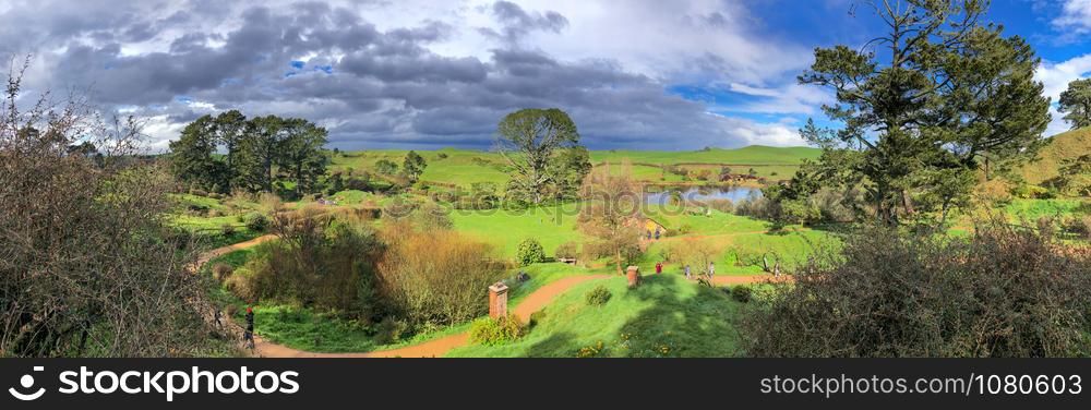 Countryside of the Hobbiton Movie Set on a beautiful spring morning.