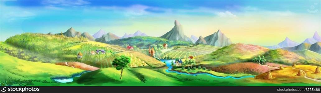 Countryside on a sunny summer day. Digital Painting Background, Illustration.. Countryside on a summer day illustration