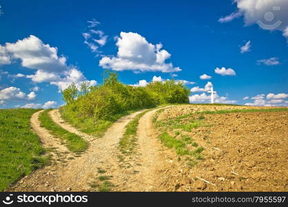 Countryside path intersection view in green nature, cross on the hill, Prigorje agricultural region of Croatia